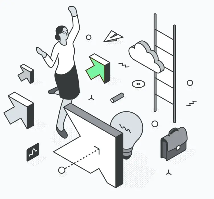 A static image of a woman celebrating towards success.