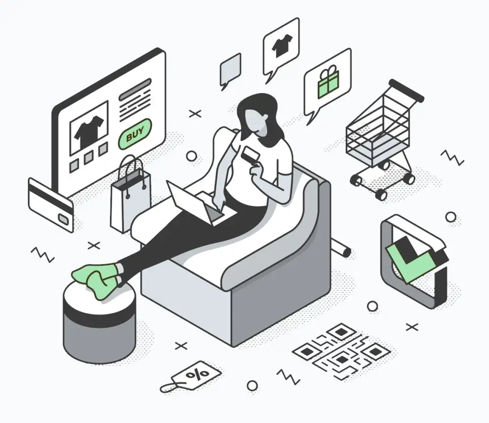 A static image of a woman resting at home and shopping online.